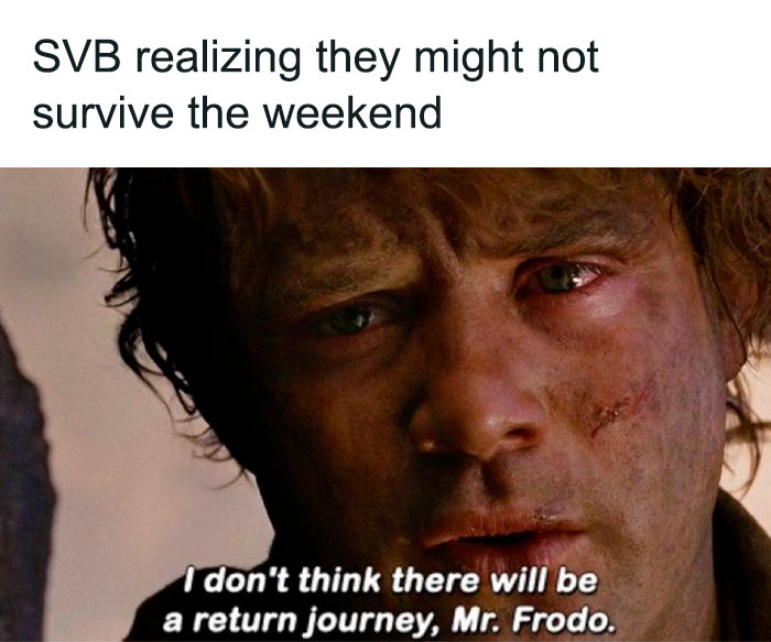Close-up of a worried character with overlay text about SVB and weekend survival, part of investment memes collection.