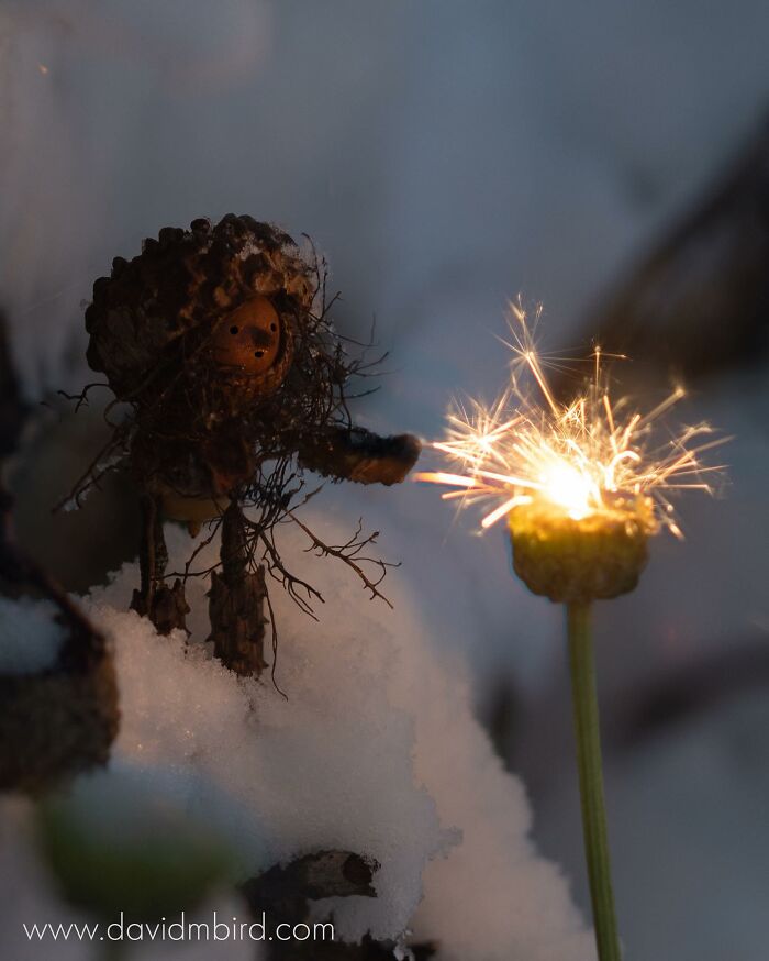 Becorn figure made of acorns and sticks near a glowing sparkler in a snowy setting.