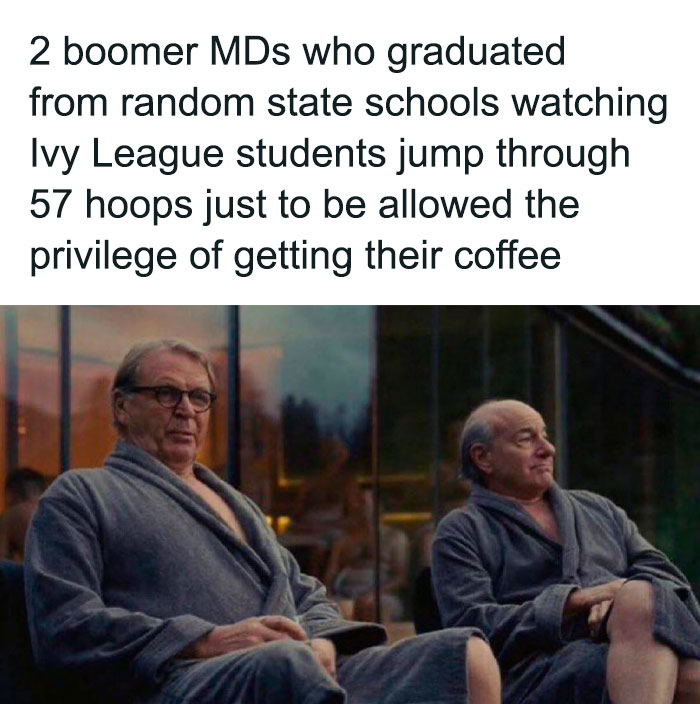 Two men in robes observing students, capturing investment meme humor from "Overheard On Wall Street."