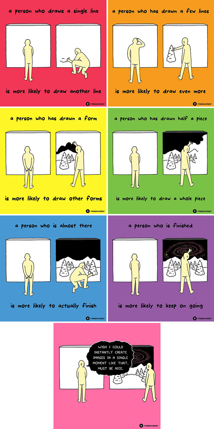 Vibrant illustrations by Ramin Nazer showing progression of drawing, offering motivational insights.