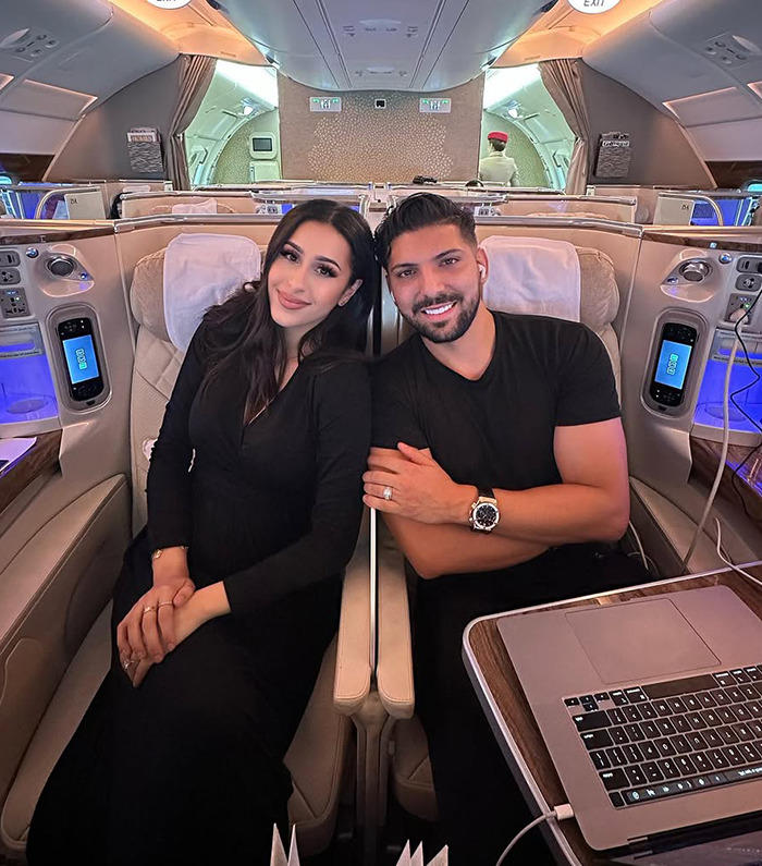 Dubai housewife Linda Andrade and her husband in luxury plane cabin, showcasing materialistic lifestyle.