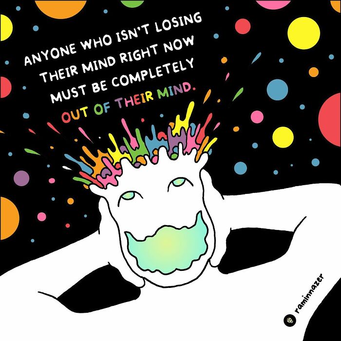 Vibrant illustration by Ramin Nazer with colorful explosion from a person's head, surrounded by multicolored dots.