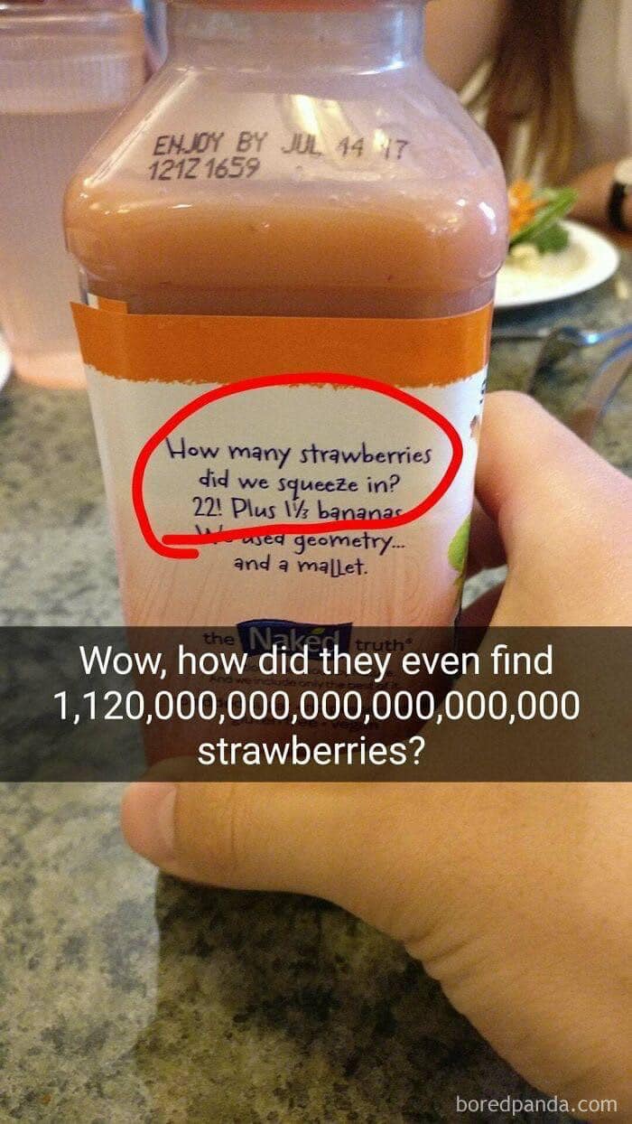 Funny dad humor post on a juice bottle questioning the number of strawberries.