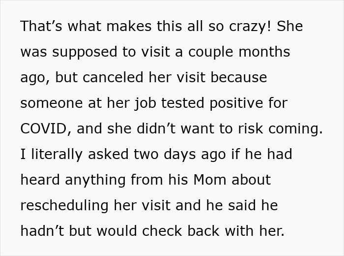 Text screenshot discussing a canceled visit and rescheduling due to COVID. Text screenshot discussing a canceled visit and rescheduling due to COVID.