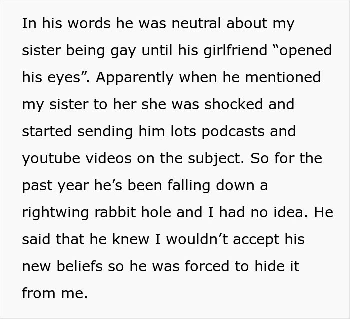 Text explaining husband's change in attitude towards gay aunt after being influenced by girlfriend's views.