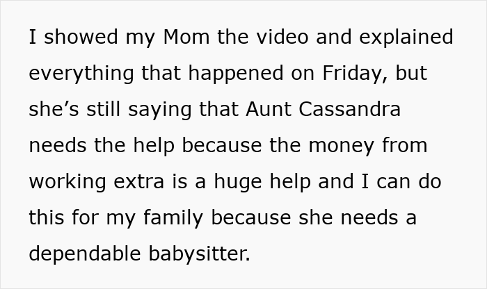 Text discussing family and babysitting challenges, mentioning a need for a dependable babysitter.