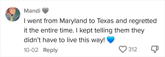 Comment from woman about moving states, expressing regret, accompanied by a blue heart emoji.
