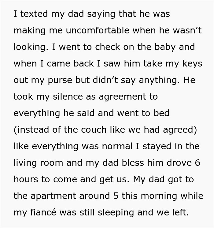 Text message about an uncomfortable situation with an upset fianc&eacute;, leading to a late-night escape with dad's help.