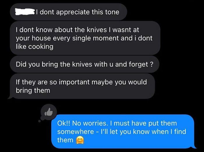 Text conversation about missing knives between roommates in an apartment.