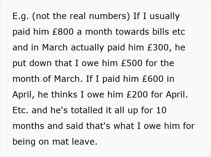 Text describes a financial disagreement over maternity leave, highlighting repayment for monthly bill contributions.