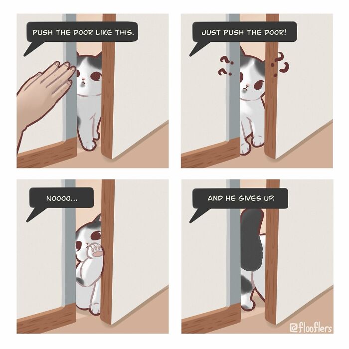 Cat video comic with cat trying to push a door and giving up, illustrated humorously in four panels.