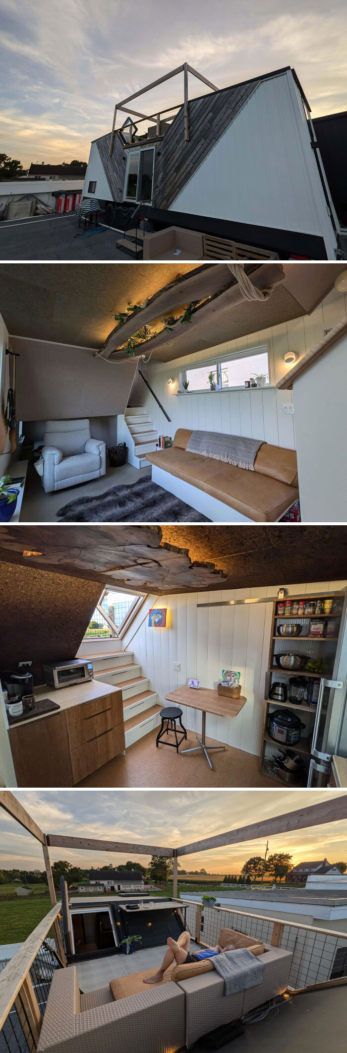 Tiny home with modern design featuring cozy interior, kitchen, and rooftop lounge nestled in a scenic countryside.