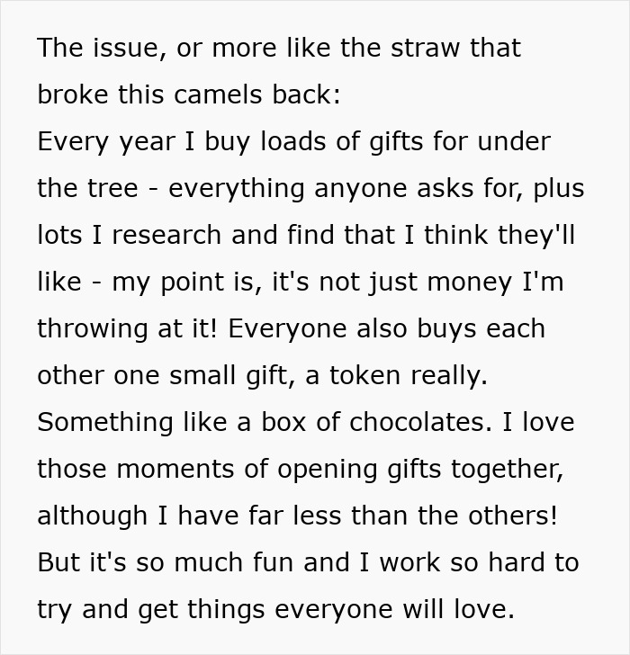Woman upset over poor family's lack of gifts, discusses holiday giving frustrations with an emotional message.