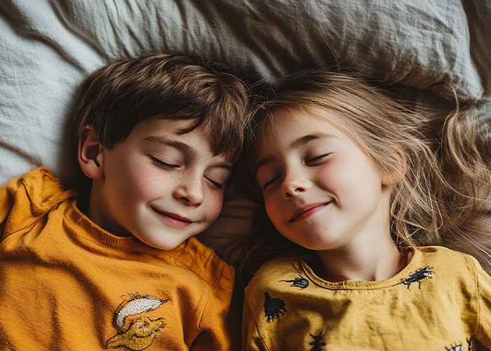 Two smiling children in yellow shirts lying on a bed with eyes closed, representing innocence and peace.