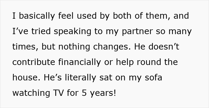 Text describing frustration with a deadbeat freeloader BIL who doesn't contribute financially, causing relationship issues.