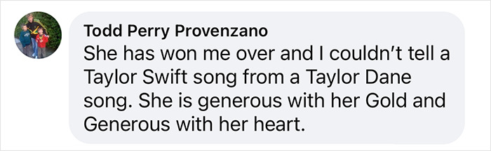 Comment praising Taylor Swift's generosity and kindness.