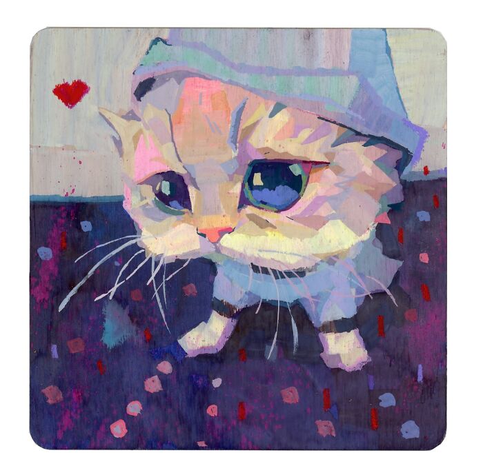 Cozy plein-air painting of a cute cat in a colorful outfit with a heart symbol nearby.