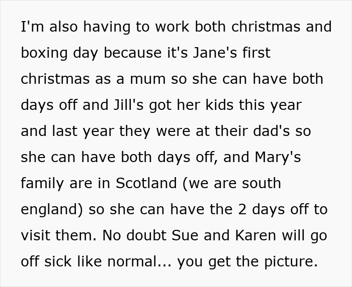 Text highlighting discrimination over covering shifts for colleagues with kids during Christmas.