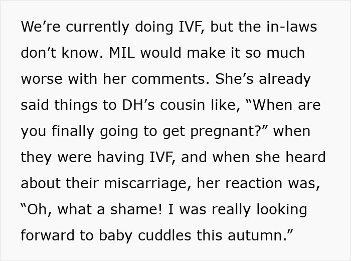 Text discussing IVF and the stress of MIL's comments on pregnancy.