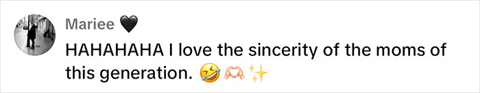 Comment by Mariee on sincerity of moms, with laughing and sparkle emojis.