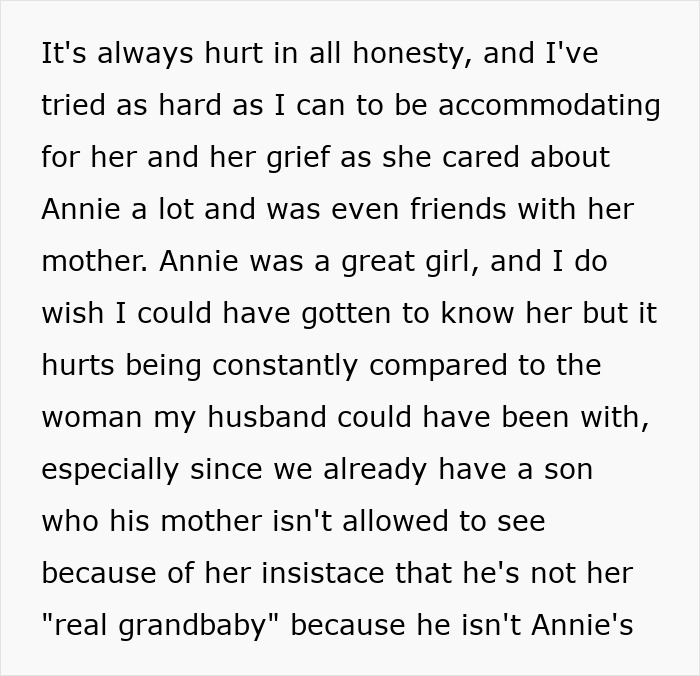 Text discussing a woman facing her mother-in-law's poor treatment over her son's past school crush named Annie.