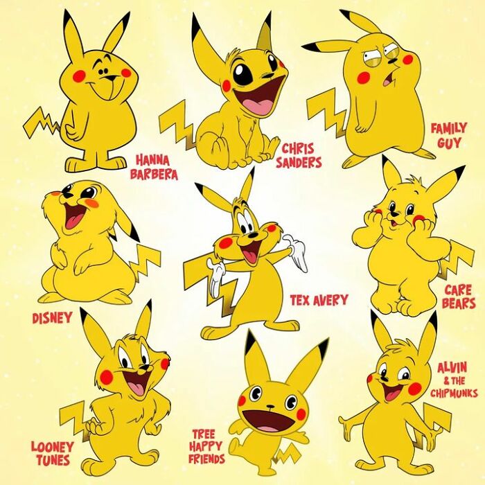 Pop culture character drawn in nine different cartoon styles, including Disney and Looney Tunes.