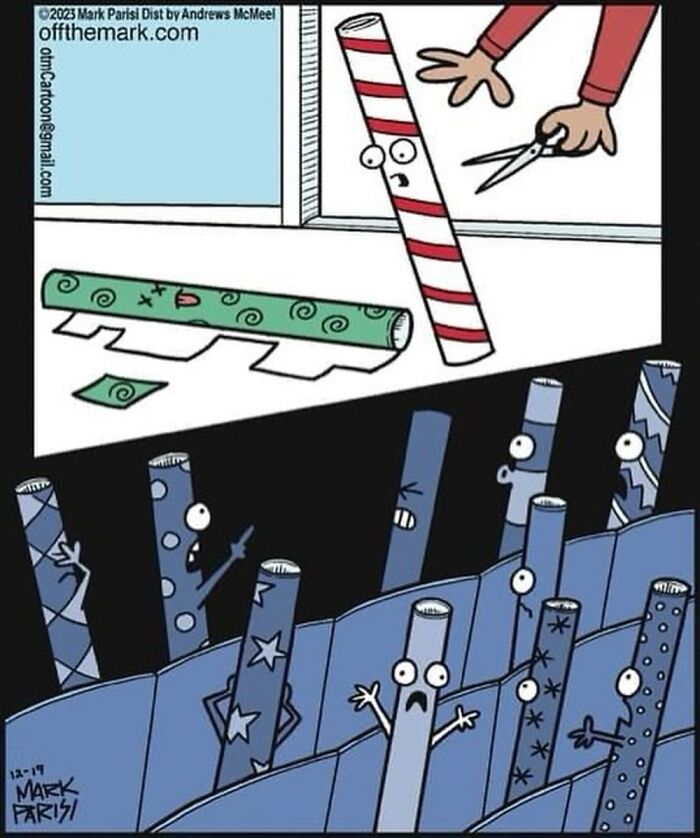 Comic showing scared wrapping paper rolls as one is about to be cut with scissors, illustrating horror scenarios for objects.