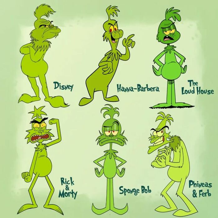 Pop culture character illustrated in six different cartoon styles, including Disney and Hanna-Barbera.