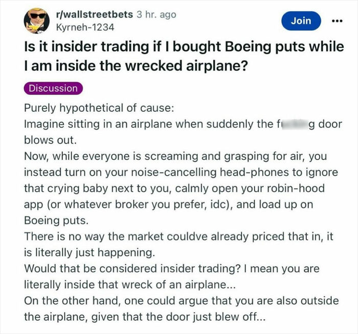 Investment meme discussing hypothetical scenario regarding insider trading and Boeing puts.