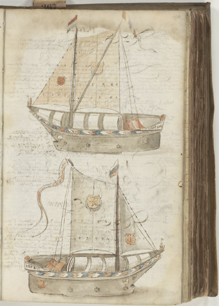 Illustrations of unusual boats with large sails in a vintage manuscript, showcasing strange inventions.