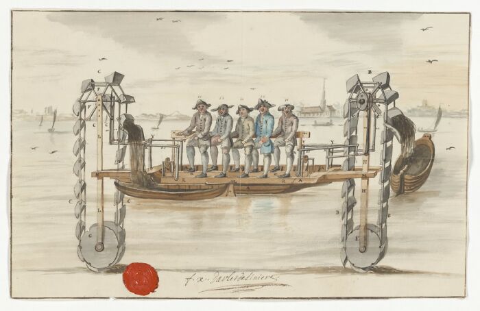Men operating a curious watercraft with large wheels, exemplifying strange inventions from the past.