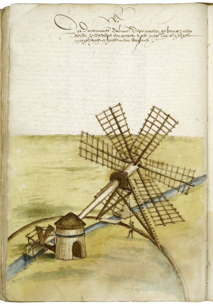 Strange-Inventions: An early windmill design sketched on parchment, showcasing medieval engineering concepts.