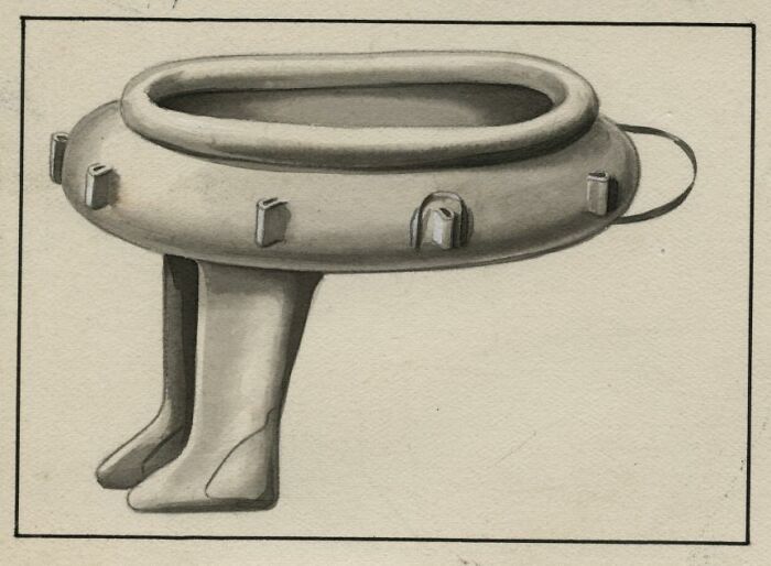A vintage drawing of a peculiar wearable flotation device, showcasing strange inventions.