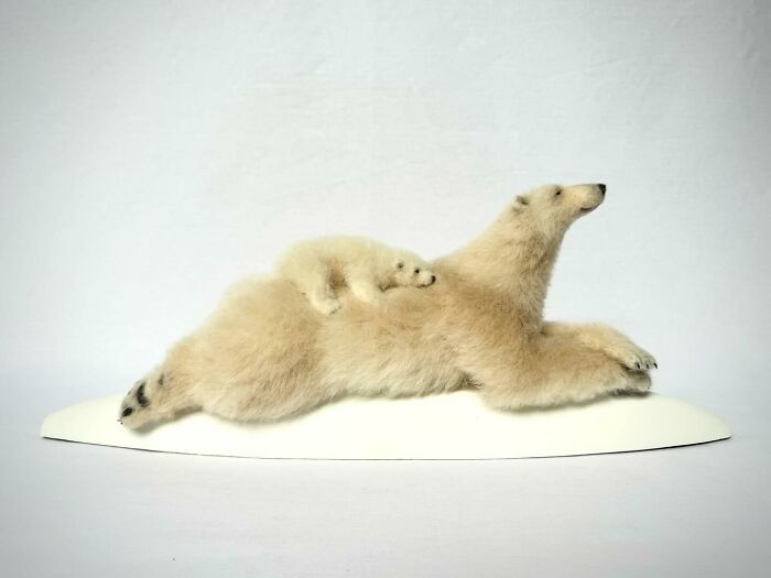 Needle-felted polar bear and cub resting on an ice base, crafted by an artist specializing in felted animals.