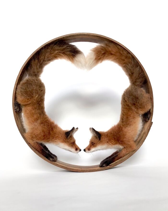 Needle-felted foxes forming a heart shape, showcasing the artist's creativity in animal sculptures.