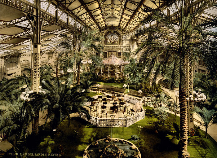 Historic color photo of an ornate greenhouse interior with palm trees and seating areas, showcasing the world 100 years ago.