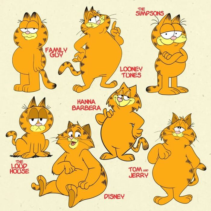 Pop culture characters depicted in various cartoon styles, featuring a famous orange cat in styles like Disney and The Simpsons.
