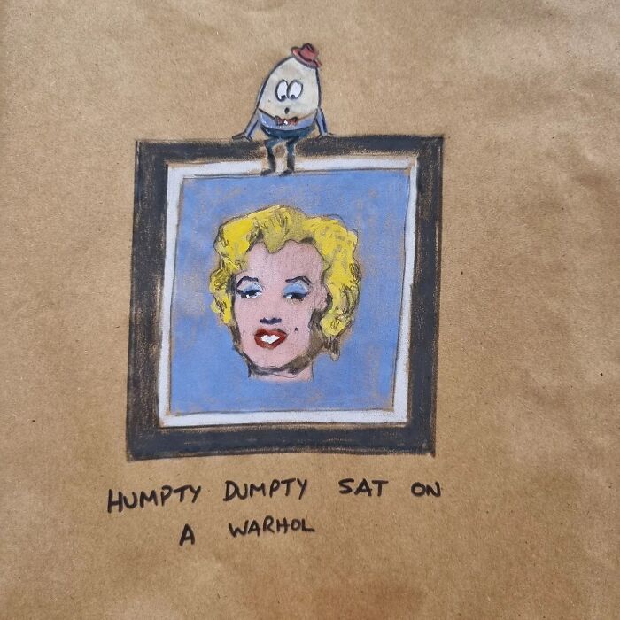 Cartoon of Humpty Dumpty on a Warhol-style painting on a lunch bag, creating a humorous and pun-filled illustration.