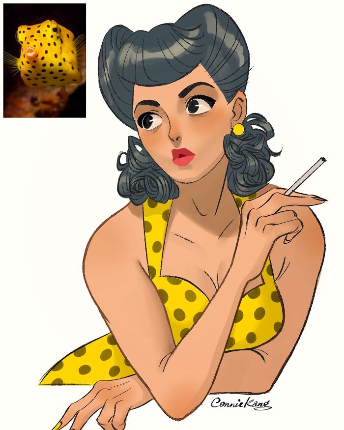 Pin-up style woman in a yellow polka dot dress inspired by a boxfish next to her, showcasing humor and animal-inspired art.