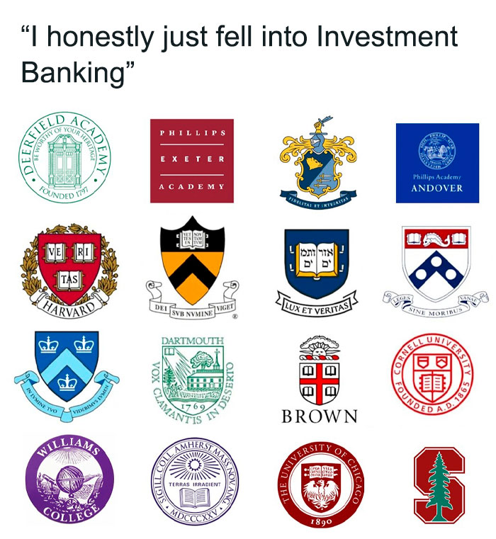 Investment memes featuring prestigious university logos, with a humorous quote about falling into investment banking.