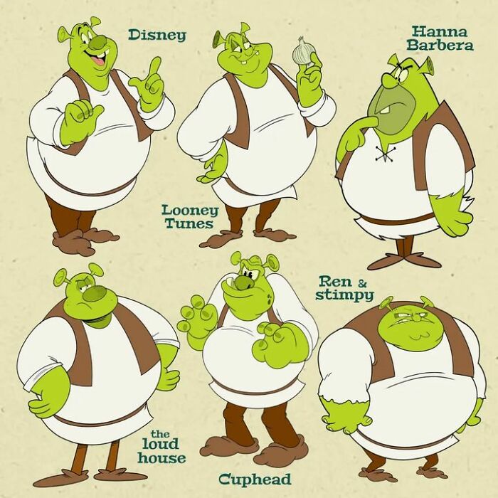Artist depicts pop culture characters in cartoon styles, featuring various versions of a green ogre character.