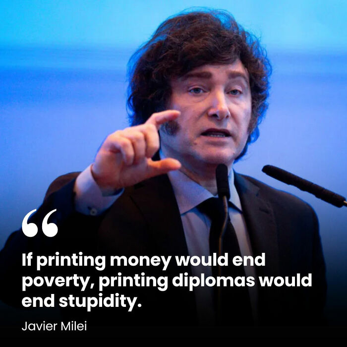 Speaker at a podium gesturing during a talk; quote about printing money featured, reflecting investment meme humor.