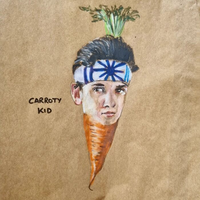 Cartoon drawing of "Carroty Kid" on a lunch bag, combining a child's face with a carrot for a humorous pun.