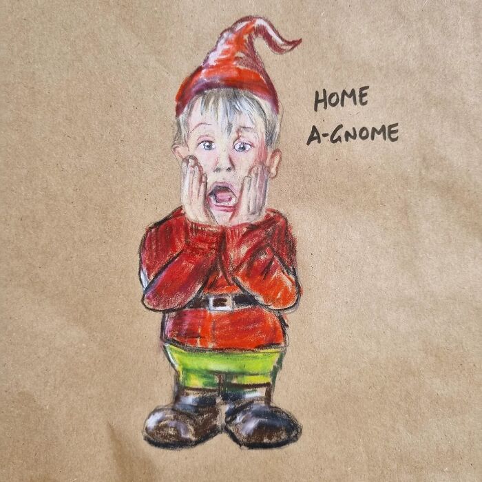 Cartoon of a surprised gnome with the caption "Home A-Gnome" drawn on a brown lunch bag.
