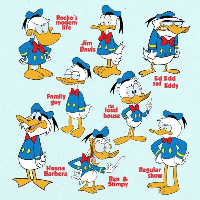 Pop culture characters drawn in styles of various cartoons, featuring a duck in different animated looks.
