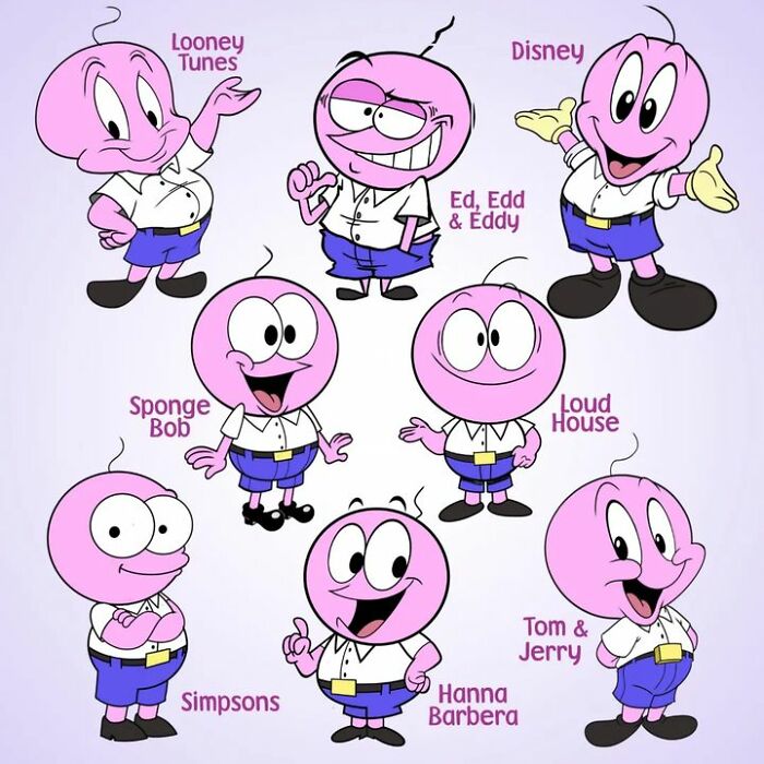 Pop culture characters reimagined in various cartoon styles including Disney, Looney Tunes, and Sponge Bob.