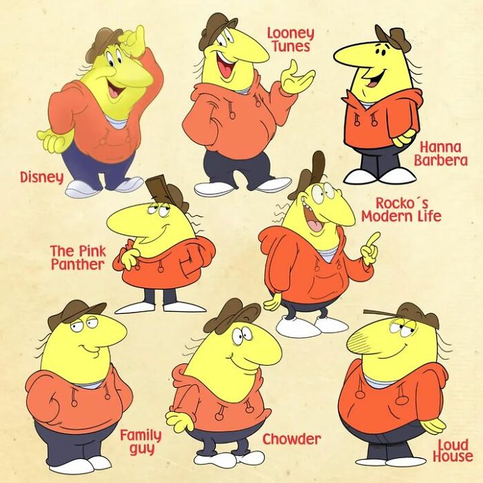 Pop culture character illustrated in various cartoon styles, including Disney, Looney Tunes, and Hanna Barbera.
