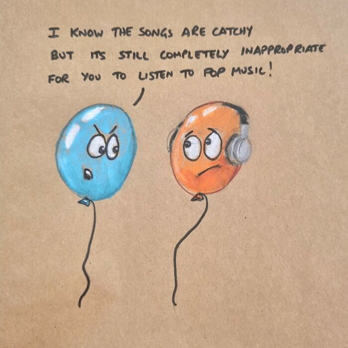 Cartoon of talking balloons, one with headphones, featuring a pun about pop music on a brown lunch bag.