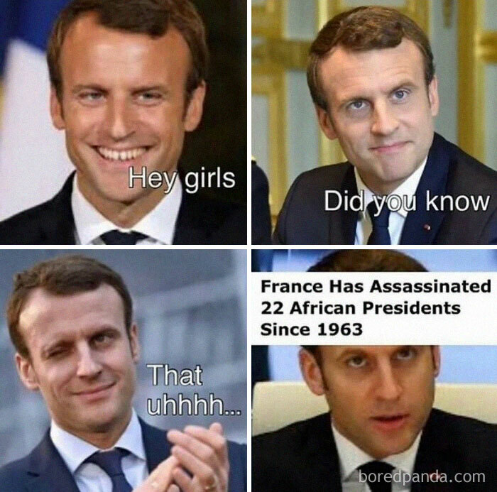 Man in a suit with varied expressions in a meme explaining history humorously with text overlays.