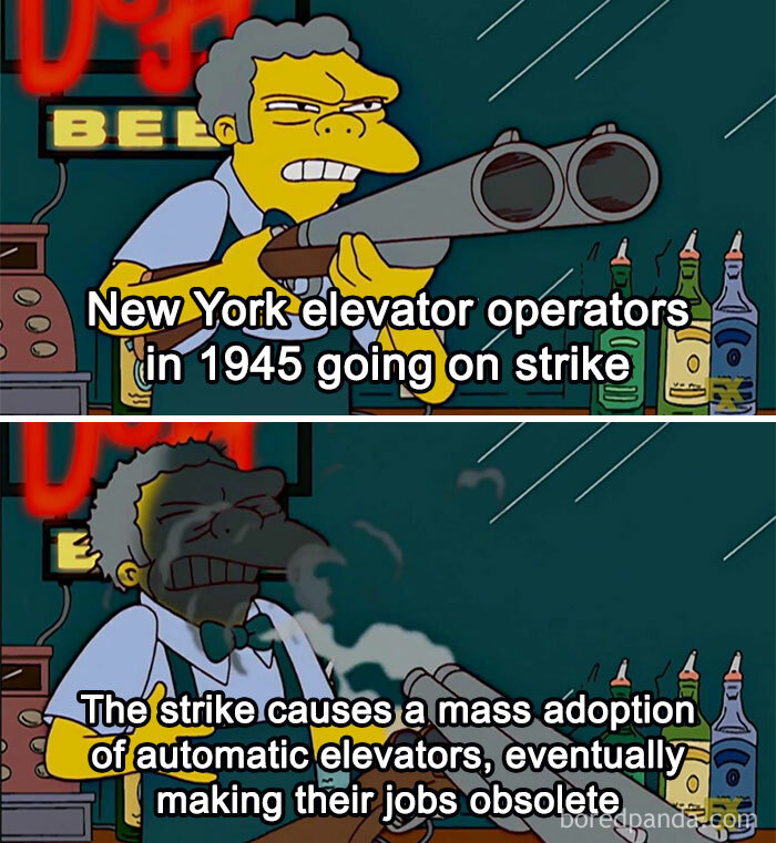 Cartoon character with a s*****n depicting New York elevator operators' 1945 strike, leading to automation.